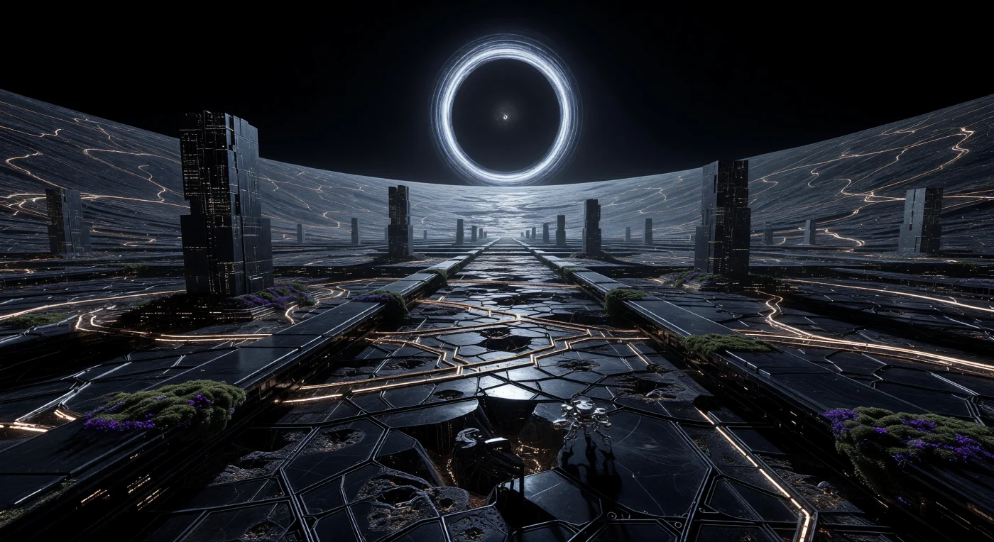 ホライゾン時代（西暦10万〜100万年頃）の「静寂」セクターを描いたこの光景では、ダイソン球の内殻を覆う黒曜石セラミックスのフラクタル地表と、その下を流れる琥珀色のデータ伝送路が、巨大な計算機の神経系を形成しています。都市規模の結晶プロセッサ「モノリス」の足元には、排熱を糧に生きるシリコンベースの極限環境微生物が紫色の光を放ち、天頂ではブラックホールからエネルギーを抽出するペンローズ過程エンジンが青白く輝いています。すべての熱量と情報が極限まで最適化されたこの世界では、かつての生物学的形態を脱ぎ捨てた「基質独立存在（SIB）」たちが、石の殻の中で数兆もの思考を高速で巡らせ続けています。