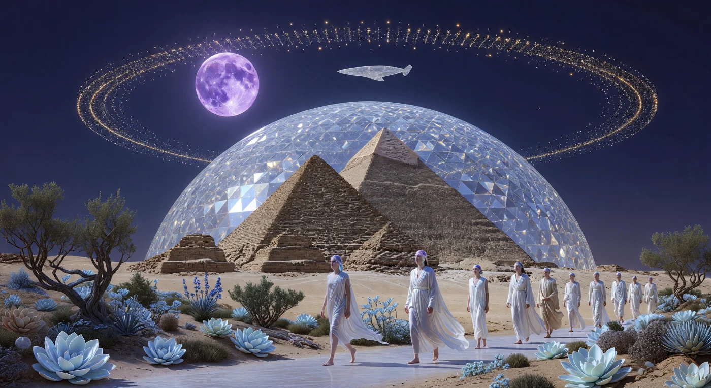 「宇宙成熟期」（西暦約24,500年〜102,000年）の地球において、人類の揺籃の地は「庭園博物館」として厳格に保全され、ギザのピラミッドは高さ500メートルの巨大な合成ダイヤモンド・ドーム内に永久封印されています。適応型シルクの衣を纏った「バイオ・ピュア」と呼ばれる未増強の人間たちは、月面演算基盤が放つ紫の光と太陽系規模の鏡面群が作る黄金の空の下、復元された更新世風の植生を通り、かつての文明の象徴へと巡礼を行います。4,500年前の石灰岩と10万年前の炭素格子構造が共存するこの光景は、極限のエネルギー制御を達成したタイプII文明が抱く、深遠なる時間への敬意と起源への回帰を象徴しています。