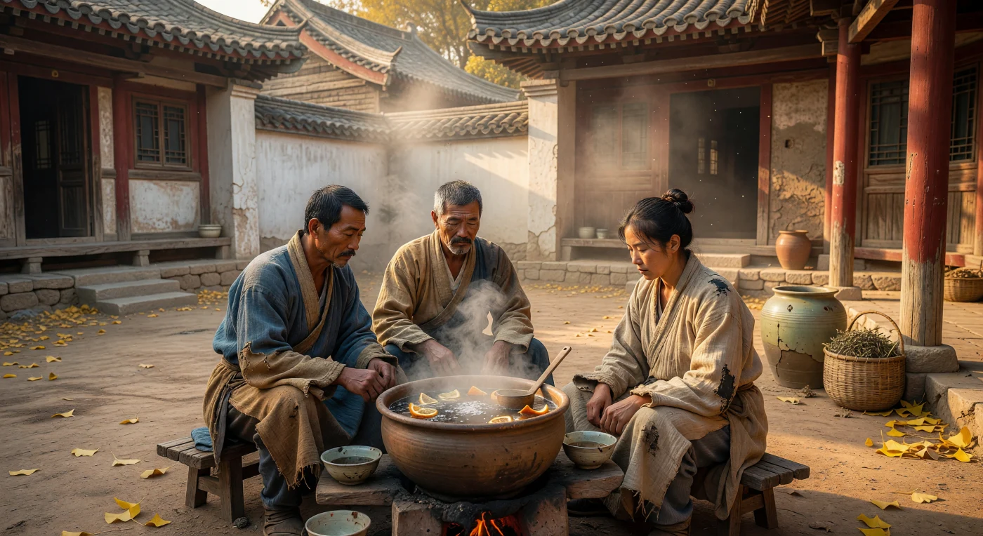 9세기 당나라 장안의 주거 구역에서 거친 삼베옷을 입은 서민들이 화로 주위에 모여 소금과 귤껍질로 맛을 낸 걸쭉한 약용 차를 끓이고 있습니다. 나무 기둥과 공포(dougong) 구조가 돋보이는 가옥 마당에 일몰의 황금빛 그림자가 드리워진 가운데, 질그릇 속에서 피어오르는 김은 당시 차가 단순한 음료를 넘어 일상의 보약으로 여겨졌음을 보여줍니다. 투박한 도기와 흙바닥, 그리고 정교한 목조 건축이 어우러진 이 풍경은 화려한 귀족 문화 이면에 존재했던 당대 민중의 생생하고 소박한 삶의 한 조각을 전해줍니다.