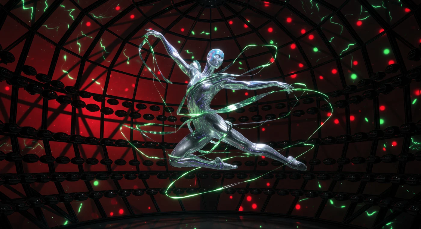 Cette archive illustre une performance de « Long-Form », une lignée post-humaine dont l'anatomie a divergé de l'Homo sapiens originel pour s'adapter à des millénaires de microgravité. Au centre d'un théâtre sphérique baigné par la lueur d'une naine rouge, l'artiste déploie des membres allongés et une peau de mercure, tandis que des rubans piézoélectriques réactifs génèrent des arcs d'électricité vert isotope. Datant de l'Âge Galactique (v. 5 000 – 20 000 apr. J.-C.), ce vestige visuel témoigne d'une époque de plasticité biologique extrême où l'identité culturelle était définie par l'adaptation gravitationnelle plutôt que par l'origine géographique. Cette œuvre capture l'essence de la « post-homogénéité », période durant laquelle l'humanité a transcendé ses limites biologiques pour coloniser les systèmes stellaires.