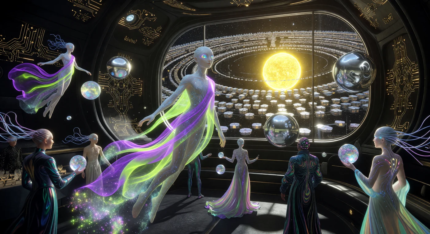 गैलेक्टिक युग (लगभग 5,000–20,000 ईस्वी) के इस दृश्य में, एक 'लॉन्ग-फॉर्म' मरणोपरांत-मानव अभिजात वर्ग का व्यक्ति माइक्रोग्रैविटी में तैर रहा है, जिसने बैंगनी और हरे रंग के प्रकाश से बना एक 'फोटोनिक वेल' धारण किया है। यह भव्य आयोजन एक 'डायसन स्वार्म' आवास के भीतर हो रहा है, जिसकी 'वॉयड-लेदर' से बनी दीवारें और सुनहरी 'सर्किट-फिलीग्री' एक विशाल जी-प्रकार के तारे की पृष्ठभूमि में चमक रही हैं। यह चित्रण उस उन्नत सभ्यता को दर्शाता है जहाँ जैविक विकास और उच्च-तकनीकी फैशन के मेल ने 'पोस्ट-प्लैनेटरी' पहचान के एक नए युग को जन्म दिया था।