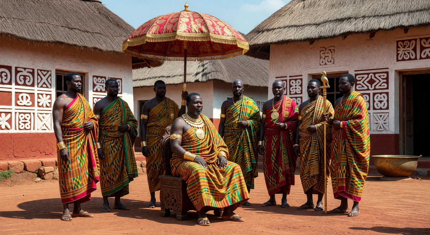 De Asantehene, de machtige heerser van het Akan-volk, zit op een traditionele gesneden houten kruk in de witgekalkte binnenplaats van zijn paleis in Kumasi rond 1820. Omringd door hovelingen in kleurrijke Kente-gewaden en onder een ceremoniële zijden parasol, toont de koning zijn gezag door middel van massieve gouden juwelen die de enorme rijkdom van dit West-Afrikaanse boskoninkrijk symboliseren. De muren zijn versierd met gedetailleerde geometrische reliëfs, wat getuigt van de verfijnde architectuur en de complexe ceremoniële cultuur van het Asante-rijk tijdens het tijdperk van de revoluties.