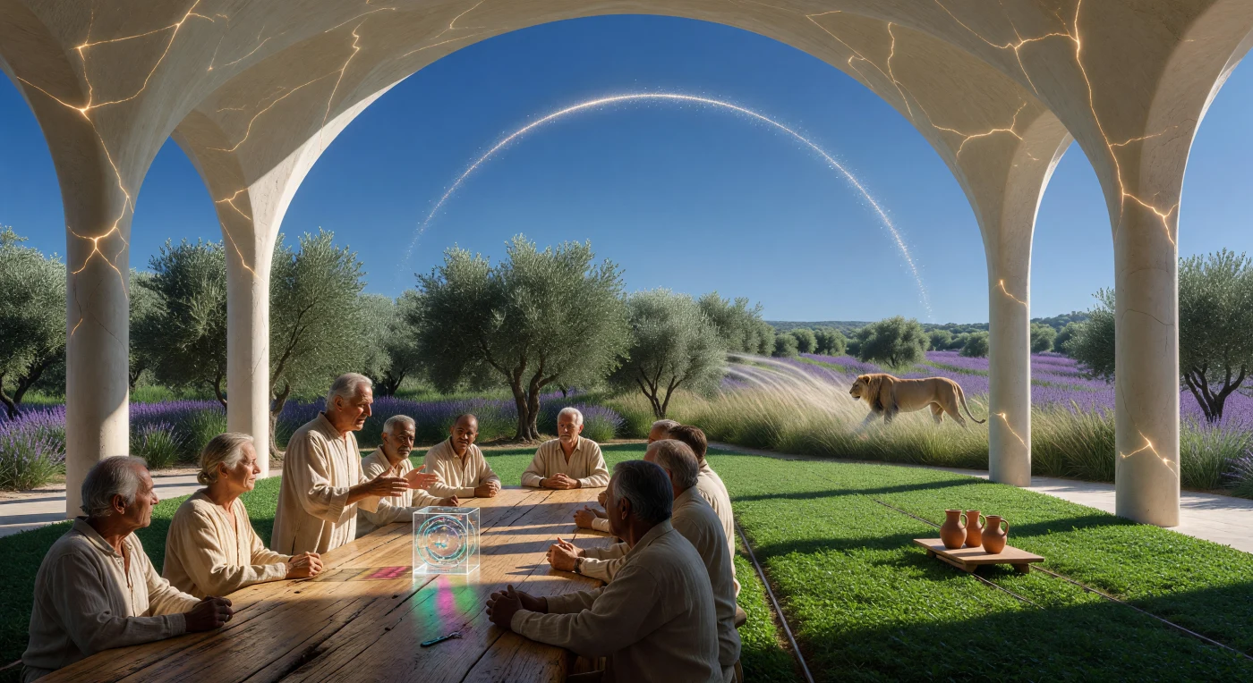 In der Ära der Kosmischen Reife (ca. 24.500–98.000 n. Chr.) dienen Bio-Pure Enklaven als lebendige Archive für unmodifizierte *Homo sapiens*, die hier nach strengen ökologischen Protokollen ohne technologische Augmentationen leben. Die Szene zeigt eine Bürgerversammlung an einem Tisch aus genetisch rekonstruierter Libanon-Zeder, bei der Landnutzungskonflikte unter dem schimmernden Band eines Dyson-Schwarm-Segments und der Aufsicht einer orbitalen Wächter-KI gelöst werden. In dieser hochgradig regulierten Urlandschaft koexistiert der Mensch mit de-extinktierten Arten wie dem Atlaslöwen, eingebettet in eine Typ-II-Zivilisation, die die Energie ganzer Sterne nutzt, um die biologische Ursprünglichkeit der Erde zu bewahren.