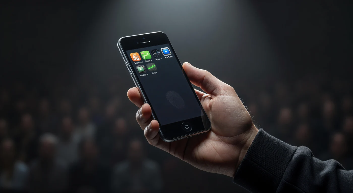 Una mano sostiene el iPhone original de 2007, cuya pantalla táctil de 3,5 pulgadas brilla con iconos esqueumórficos y un distintivo borde de acero inoxidable bajo las luces del escenario. Este dispositivo revolucionó la Era Digital al sustituir los teclados físicos por una interfaz capacitiva, integrando por primera vez un teléfono, un reproductor de música y un navegador de internet en un solo objeto de diseño minimalista. Su lanzamiento no solo transformó la comunicación personal, sino que sentó las bases de la economía de las aplicaciones y la conectividad ubicua que define la sociedad contemporánea.