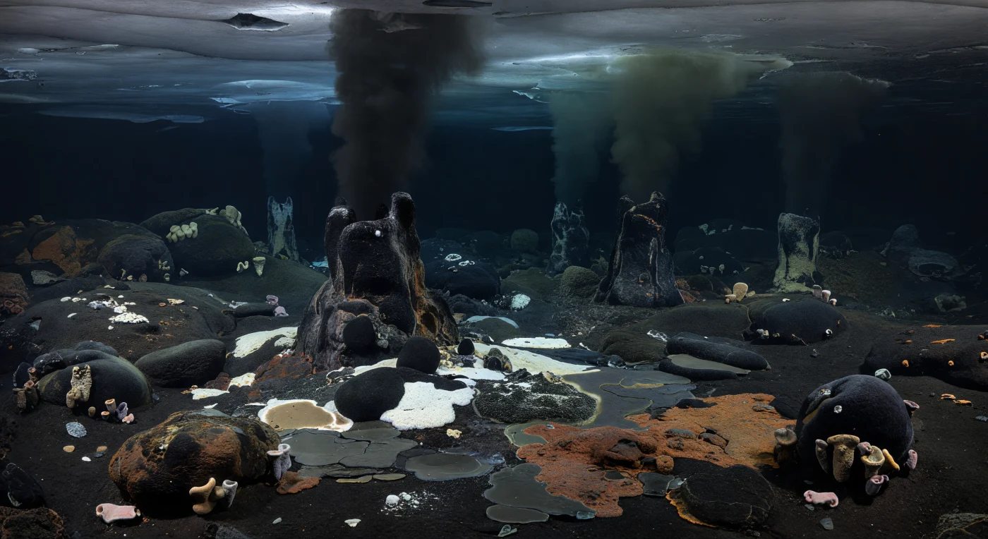 Beneath the global ice cover of Snowball Earth, roughly 720–635 million years ago during the Cryogenian Period, hydrothermal vents may have formed sparse refuges for life on the deep seafloor. This scene shows black smoker chimneys rising from basaltic crust, surrounded by white, orange, and brown microbial mats nourished by chemical energy rather than sunlight. At the cooler margins, a few simple sponge-grade early animals cling to the rocks, hinting at the modest metazoan life that may have persisted in these dark, near-freezing oceans.