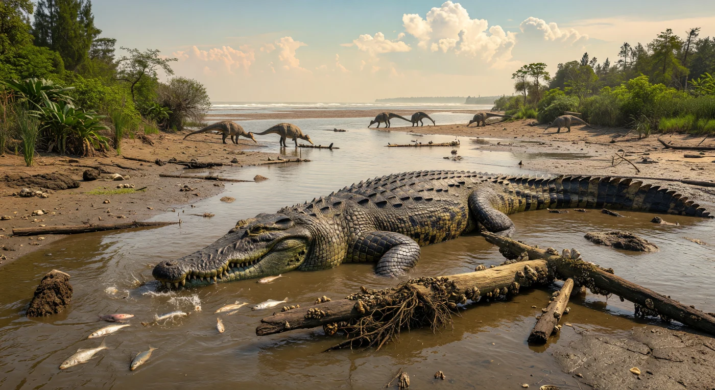 Num estuário lamacento que desaguava no Western Interior Seaway, um gigantesco Deinosuchus — um crocodiliano com mais de 8 metros de comprimento — espreita quase invisível na água salobra, junto de troncos cobertos por ostras, enquanto pequenos peixes fogem à superfície e hadrossaurídeos bebem cautelosamente na margem oposta. Esta cena evoca o Cretácico Superior, há cerca de 82 a 73 milhões de anos, quando o interior da América do Norte era dividido por um mar raso e quente sob um clima de estufa global. Predador de emboscada de força esmagadora, Deinosuchus habitava deltas e estuários costeiros, onde podia atacar grandes vertebrados que se aproximavam da água, num mundo dominado por dinossauros, coníferas, fetos e mares ricos em vida.