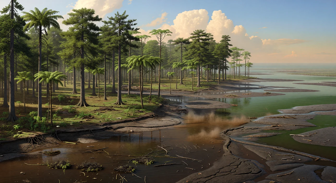 Há cerca de 375–365 milhões de anos, no Devónico Superior, um amplo delta lamacento despejava águas castanhas ricas em silte, argila e detritos vegetais de uma das primeiras grandes florestas da Terra para um mar epicontinental quente. Em terra, erguem-se os altos progimnospérmicos Archaeopteris, com 20–30 metros de altura, misturados com bosques de Wattieza, cladoxilópsidos de copa em guarda-chuva, enquanto troncos, casca e ramos arrastados pela corrente alimentam plumas de sedimento que avançam para bacias offshore mais profundas e por vezes pobres em oxigénio. Esta paisagem regista uma transformação decisiva da superfície terrestre: florestas primitivas estabilizavam solos, intensificavam a erosão química e enviavam nutrientes e matéria orgânica para o mar, ajudando a moldar os depósitos de lamas escuras e xistos negros característicos do final do Devónico.