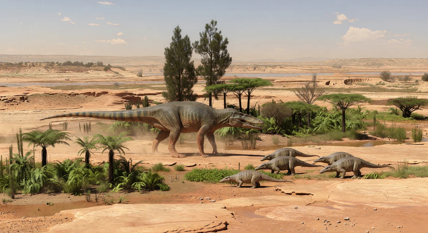 En esta llanura aluvial polvorienta del Triásico tardío, hace unos 231–228 millones de años, un imponente Saurosuchus galilei —un gran rauisuquio depredador de unos 5 metros— avanza entre el barro rojo y las barras arenosas mientras un grupo de Hyperodapedon, robustos rincosaurios herbívoros de cerca de 1,5 metros, se mantiene alerta a su paso. La escena recrea la cuenca de Ischigualasto–Villa Unión, en el suroeste de Gondwana, un paisaje estacional dominado por matorrales de Dicroidium, coníferas primitivas y cauces efímeros bajo un sol abrasador. Mucho antes de que los dinosaurios dominaran por completo la Tierra, ecosistemas como este muestran un mundo gobernado por arcosaurios diversos en uno de los registros fósiles más célebres de la Argentina triásica.