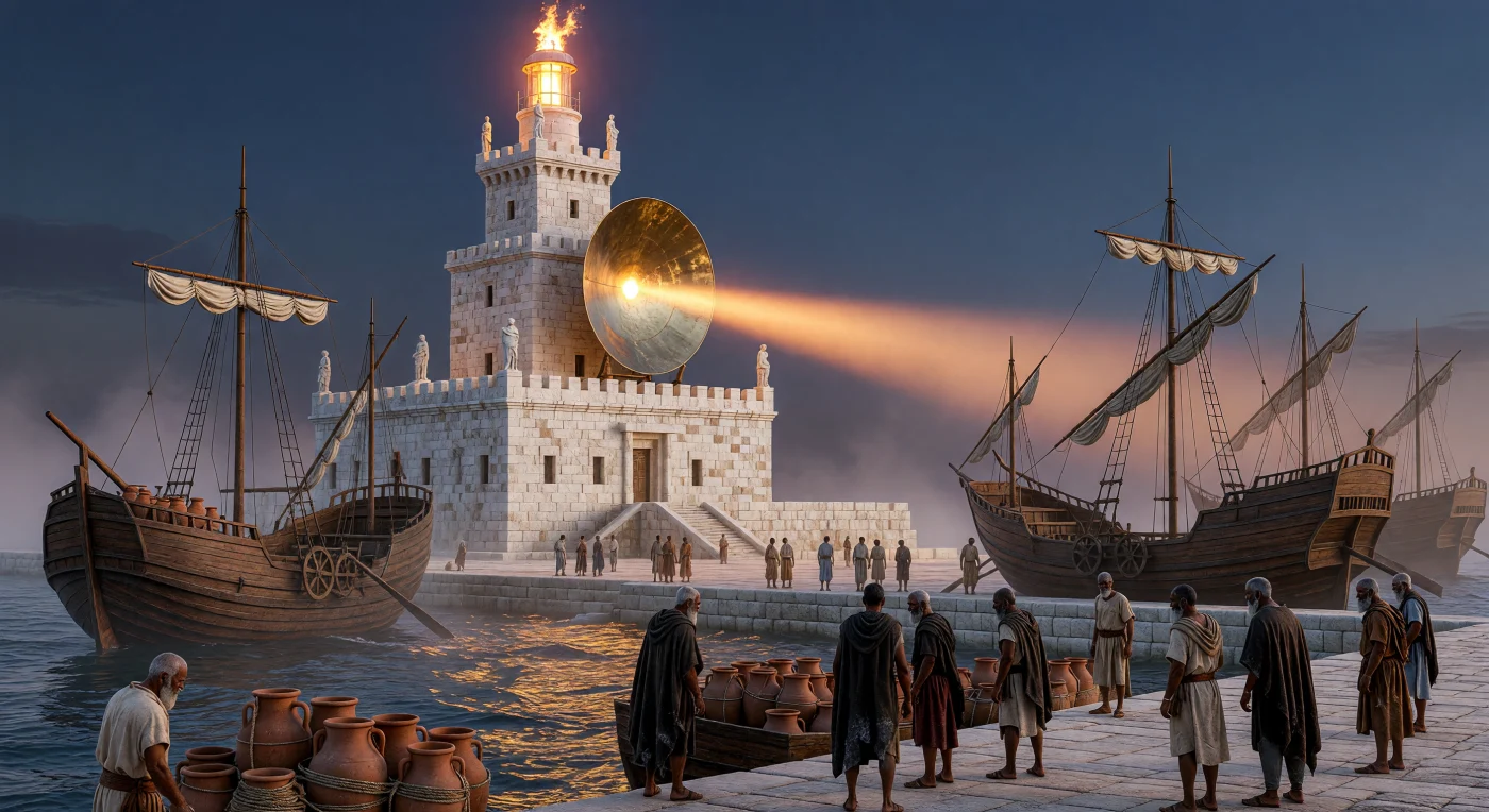 Der gewaltige Pharos von Alexandria, erbaut aus weißem Tura-Kalkstein, überragt den Großen Hafen und leitet mit seinem lodernden Leuchtfeuer und einem hochglanzpolierten Bronzespiegel die einlaufenden Schiffe sicher durch die maritime Dämmerung. Im Hafenbecken drängen sich römisch-ägyptische Getreideschiffe, sogenannte *Corbitae*, deren Fracht den Fortbestand des Reiches sicherte, während Seeleute in wetterfesten Wollmänteln auf den Kais aus antikem Unterwasserbeton arbeiten. Als eines der Sieben Weltwunder der Antike verdeutlicht dieses monumentale Bauwerk die technische Brillanz der Spätantike und die Bedeutung Ägyptens als zentraler Handelsknotenpunkt des Mittelmeers.