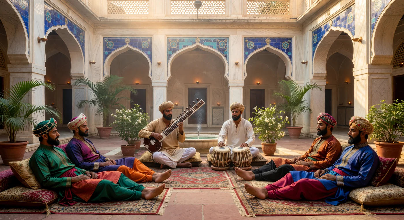 14世紀の北インド、デリー・スルタン朝の宮廷の中庭では、初期のシタールとタブラの調べが夕暮れ時の静寂を彩っています。象牙のように磨き上げられた漆喰壁と深い青のラピスラズリが輝く空間で、絹の装束に身を包んだ貴族たちが、ペルシャとインドの文化が融合した洗練された音楽に耳を傾けています。石造りの透かし彫り窓から差し込む黄金色の西日が、サンダルウッドの香る空気の中に複雑な幾何学模様の影を落とし、中世南アジアにおける芸術の興隆を鮮やかに映し出しています。
