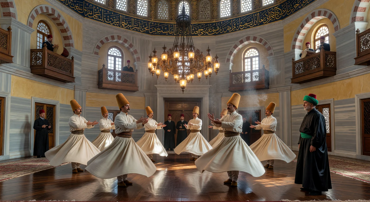 Au cœur d'une Mevlevihane d'Istanbul vers 1905, des derviches tourneurs accomplissent la cérémonie du Sema sous une majestueuse coupole de style baroque ottoman ornée de calligraphies à la feuille d'or. Vêtus de la *tennure* blanche et du haut chapeau *sikke* en poil de chameau, les fidèles tournoient sur un parquet de noyer poli, symbolisant un voyage spirituel vers la vérité et l'amour divin. Cette scène saisissante illustre la vitalité des traditions soufies à la fin de l'ère ottomane, alors que les élites en fez et redingote observent ce rituel ancestral dans un cadre d'une opulence architecturale raffinée.