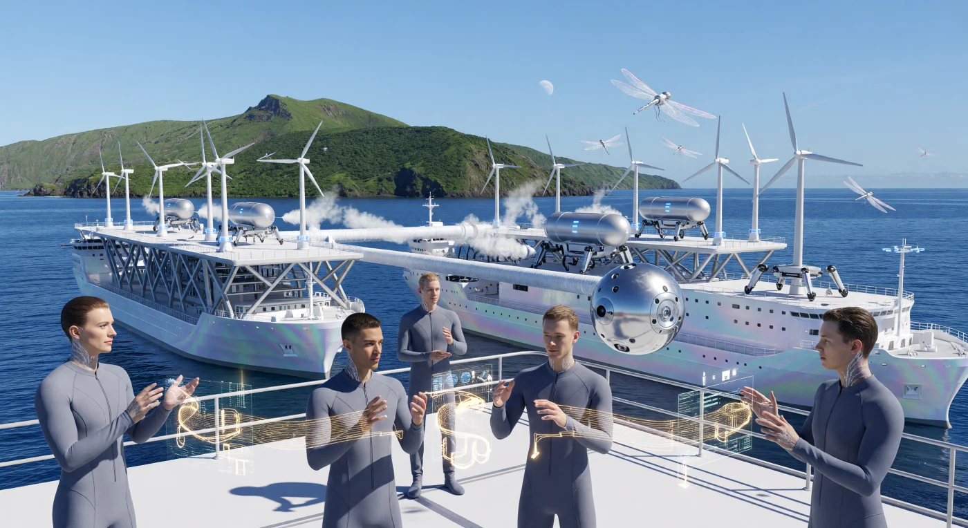 Nesta reconstrução da Alvorada Aumentada (c. 2084), observamos o descarregamento de Hélio-3 lunar em uma plataforma oceânica nos Açores, evidenciando a transição para uma civilização de escala Kardashev 0.78. Técnicos da linhagem *Homo sapiens optima*, integrados por redes neurais de grafeno, orquestram o fluxo de energia através de supercondutores criogênicos sob uma atmosfera recuperada para 380ppm de carbono. A cena ilustra o auge do Grande Reflorestamento, onde a infraestrutura de fusão e drones bioengenheirados estabilizaram o ecossistema terrestre após as crises climáticas do Antropoceno inicial.