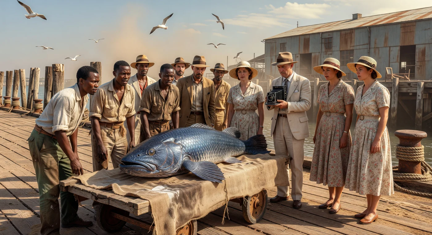 Em dezembro de 1938, uma multidão diversificada reúne-se num cais de East London, na África do Sul, para observar um celacanto de escamas azul-iridescentes estendido sobre um rústico carrinho de carga. Considerado extinto há 66 milhões de anos, a descoberta deste "fóssil vivo" com barbatanas lobadas desafiou as teorias biológicas da época e permanece como um dos achados zoológicos mais significativos do século XX. A cena captura o contraste social da era colonial, unindo trabalhadores locais e curiosos em trajes de linho perante um mistério pré-histórico que emergiu das profundezas do Oceano Índico.