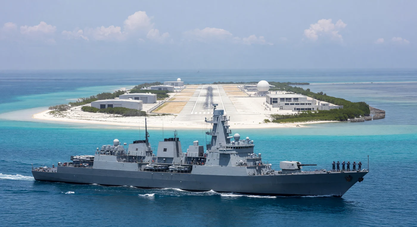 Un destructor de misiles guiados Tipo 055 de la Armada china surca las aguas turquesas del Mar de la China Meridional, destacando por su imponente estructura furtiva y sistemas de radar de última generación. En el horizonte se aprecia una de las islas artificiales construidas sobre atolones de coral, equipada con una pista de aterrizaje y hangares que reflejan la rápida transformación del paisaje marítimo en la Era Digital. Esta escena captura la intersección entre la innovación tecnológica y las tensiones geopolíticas que definen la soberanía y la proyección de poder en el Este de Asia durante el siglo XXI.