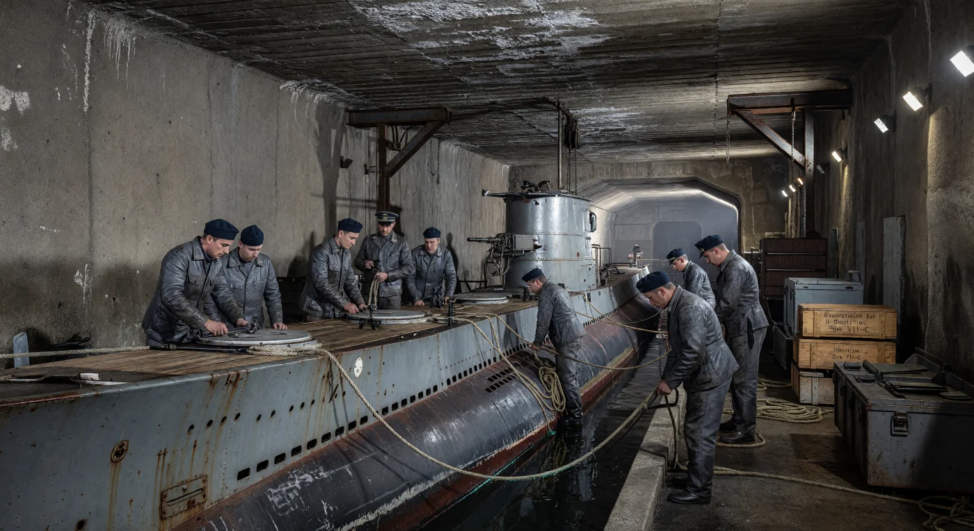 Ein deutsches U-Boot vom Typ VII-C liegt im dämmrigen Licht des massiven Keroman-Bunkers im besetzten Lorient, während die Besatzung in ölverschmierten Lederjacken letzte Wartungsarbeiten am rostfleckigen Rumpf durchführt. Diese gigantischen, aus Stahlbeton errichteten Stützpunkte waren strategische Knotenpunkte der Schlacht im Atlantik und boten der Flotte Schutz vor alliierten Luftangriffen. Die Szene verdeutlicht die beklemmende, von Dieselgeruch und feuchtem Beton geprägte Realität des U-Boot-Krieges im Jahr 1942.