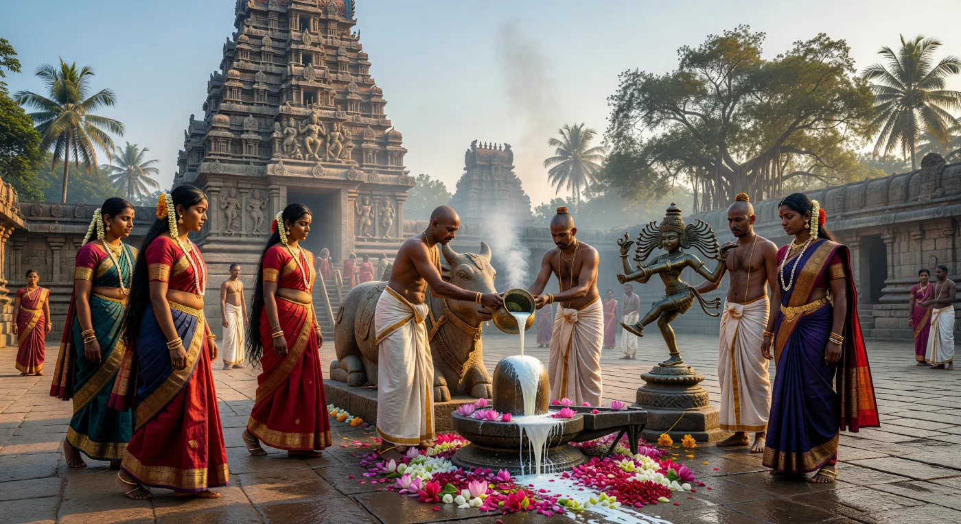 Sous la lumière dorée de l'aube, des fidèles parés de soie et d'or accomplissent la circumambulation rituelle autour du colossal *vimana* en granit du temple de Brihadisvara à Thanjavur. Au centre de la cour, des prêtres célèbrent l'abhisheka en versant du lait sacré sur un lingam de pierre, tandis qu'une statue de bronze de Nataraja luit dans l'atmosphère chargée d'encens de santal. Ce tableau vivant illustre la splendeur de la dynastie Chola au XIe siècle, période marquant l'apogée de la sophistication religieuse et architecturale de l'Inde du Sud médiévale.