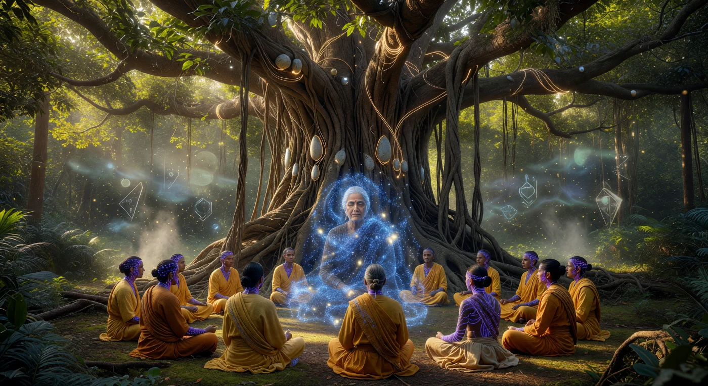 Au cœur de l’Alliance Australe (2050-2100), cette scène de « l'Aube Augmentée » illustre la symbiose entre l'humanité et la biosphère grâce à un banian génétiquement modifié servant de serveur de données vivant. Des dévots « Myco-Linked », dont les filaments neuronaux violets brillent d'une lueur bioluminescente, communient avec un Simulacre d'Ancêtre, une intelligence artificielle mémorielle manifestée sous forme de projection cobalt. Ce rituel témoigne d'une ère où la fusion proton-bore et les réseaux fongiques synthétiques ont permis de transcender la frontière entre nature et technologie, marquant une étape cruciale dans l'évolution de la technosphère terrestre.