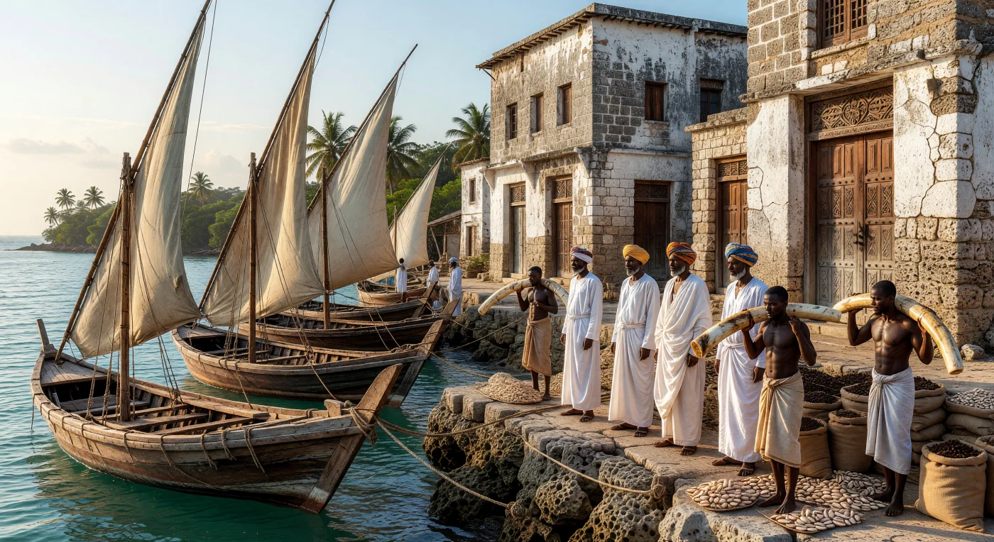 Lungo il litorale di Stone Town nel 1850, le caratteristiche imbarcazioni *mtepe*, assemblate con fibre di cocco e prive di chiodi metallici, approdano cariche di prezioso avorio e spezie. Mercanti swahili in raffinati *kanzu* di seta e turbanti ricamati coordinano il lavoro dei portatori tra le imponenti strutture in pietra corallina che definiscono l'architettura monumentale della città. Questa immagine evoca la vibrante atmosfera di Zanzibar come cuore pulsante del commercio marittimo dell'Oceano Indiano, un crocevia fondamentale dove le risorse dell'entroterra africano incontravano i mercati globali del XIX secolo.