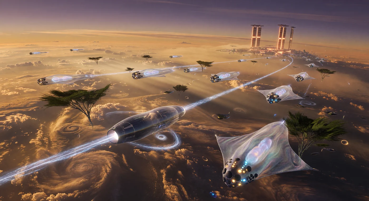 Tijdens de Galactische Eeuw (5.000 – 20.000 n.Chr.) vormden de turbulente troposferen van gasreuzen het domein van de *Nebulieten*, post-humane wezens die met behulp van waterstofblazen en akoestische sensoren door de dichte nevels driften. Dit tafereel toont een vrachtcapsule van diamantkoolstof die langs een gloeiende elektromagnetische kabel versnelt, aangedreven door het Coriolis-effect richting een drijvende Aerostat-handelsstad. Te midden van de goudkleurige stormen vangen kilometerslange, vliegerachtige *Windbomen* energie uit de atmosferische stromingen, wat een spectaculair beeld schetst van een beschaving die de zwaartekracht en magnetosfeer van een reuzenplaneet volledig heeft getemd.