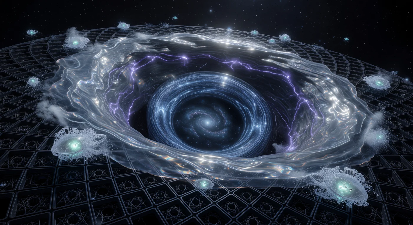 Dieser gewaltige, 100 Kilometer messende Ring aus diamantähnlichem Gittergewebe dominiert die Cygnus-X-Region, geschützt durch einen fließenden Eisschild aus suprafluidem Helium-4. Dieses technologische Monument aus dem Galaktischen Zeitalter (ca. 5.000 – 20.000 n. Chr.) markiert den Aufstieg postbiologischer Zivilisationen, die den interstellaren Raum mittels stabilisierter Wurmlöcher und exotischer Materie erschlossen. Im Vordergrund driften biolumineszente Synaptik-Kapseln wie mikroskopische Sporen am Ereignishorizont vorbei, gesteuert von Piloten, deren neuronale Architektur direkt mit der fractal-geometrischen Hülle ihrer Gefäße verschmolzen ist. Durch die blau getönte, gravitativ verzerrte Öffnung des Nexus blicken wir über die Grenzen unserer eigenen Galaxie hinaus in die tiefe Zeit des Kosmos.