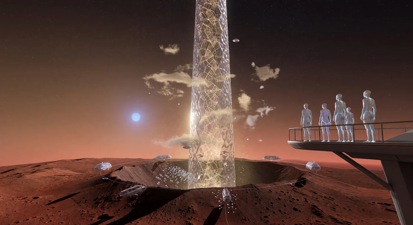 Standing atop the basaltic rim of Olympus Mons, the Pillar of Remembrance rises 25 kilometers into the thin Martian exosphere, a monumental needle of synthetic diamond-glass and reinforced graphene. Constructed during the Interstellar Dawn (3000–5000 AD), the spire’s internal lattice glows with the micro-etched golden genetic sequences of extinct Terran species, serving as a biological archive for a multi-stellar civilization. Post-human observers, whose elongated forms are biologically adapted for 0.38g gravity, gather on hard-light balconies as the distant sun casts sharp shadows across the ancient, rust-colored volcanic caldera.