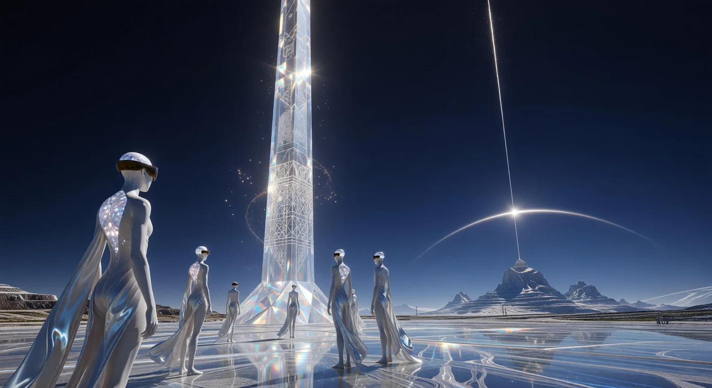 A towering Chrono-Obelisk of isotope-stable diamondoid pierces the indigo sky of the Horizon era (c. 100,000–1,000,000 C.E.), serving as a sub-atomic archive of deep-time history. At its base, post-biological inhabitants with translucent craniums and bio-ceramic skin gather on a plaza of Aether-Glass, supported by "Living Basalt" foundations that have grown into the planetary crust. This scene captures the peak of the Great Stasis, a period where advanced matter-manipulation allowed for the seamless integration of planetary geology, orbital infrastructure, and engineered life.