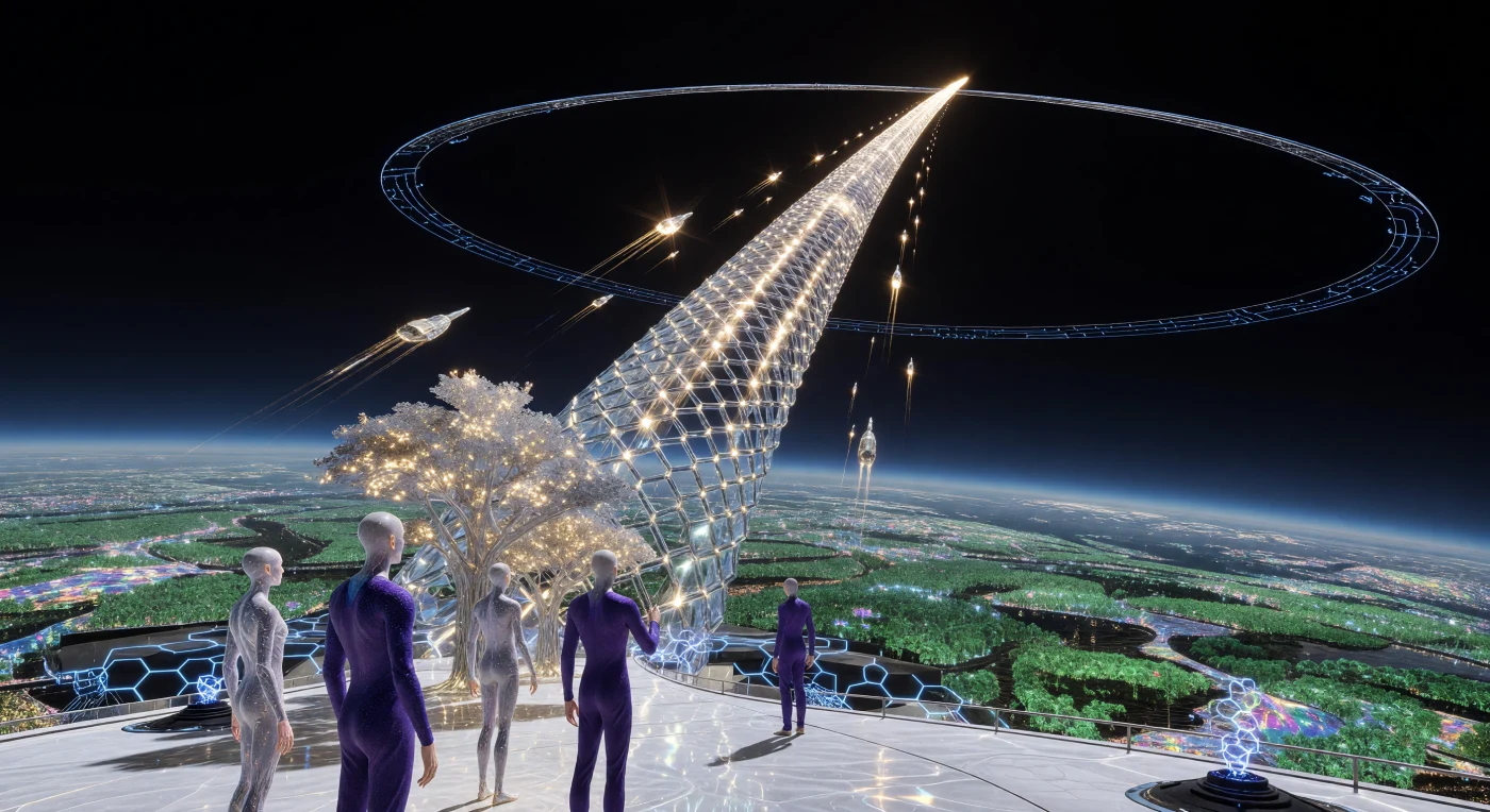In the era of Cosmic Maturity (20,000–100,000 CE), the transition from planetary civilization to stellar stewardship is epitomized by the Gravity Spire, a monumental tether of nucleated diamondoid stretching 384,400 kilometers to connect the Earth and Moon. From a floating Synthesis Plaza in the mesosphere, post-human observers—biologically adapted with neural filaments and translucent skin—overlook a transformed Earth where bioluminescent emerald forests and a planetary "Rhizome Grid" have replaced traditional urban centers. This scene illustrates the pinnacle of Ontological Engineering, where the boundaries between biological life, crystalline technology, and planetary geology have entirely dissolved.