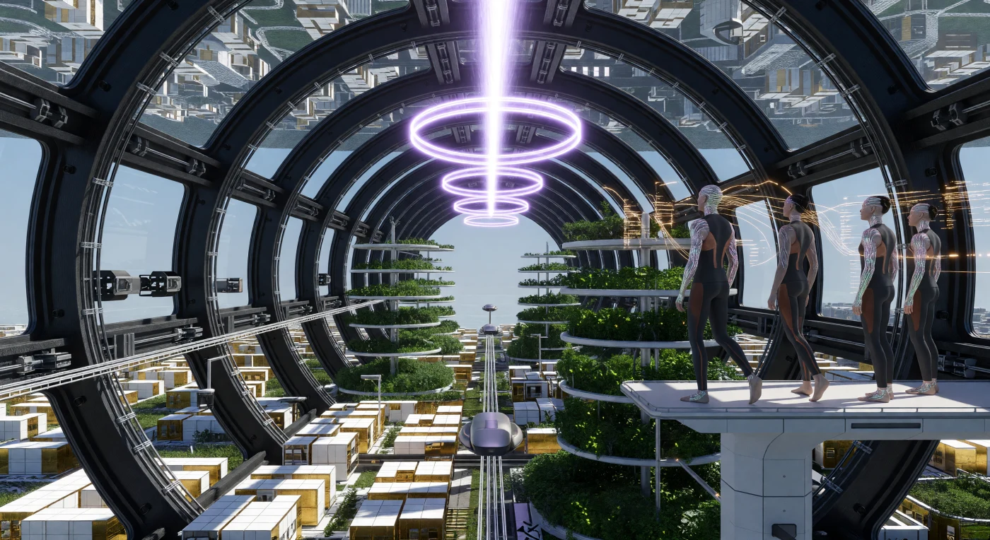 Dieser Blick in das Innere des O'Neill-Zylinders Vinci-4 offenbart die gewaltige Krümmung einer künstlichen Welt, deren Zenit von der „Sun-Line“ – einem 5600 K heißen Plasmafilament – in gleißendes Mittagslicht getaucht wird. Während der Ära der Großen Divergenz (ca. 2200–2500 n. Chr.) besiedelten Post-Humane wie *Homo augmentus* diese Habitate, wobei sie mittels neuraler Implantate direkt mit der Infrastruktur interagierten und sich in einer reduzierten Schwerkraft von 0,8 g bewegten. Zwischen massiven Kohlenstofffaser-Rippen und schwebenden Maglev-Trassen gedeihen aeroponische Gärten, die in dieser technologischen Biosphäre das fragile Gleichgewicht zwischen biologischem Leben und interstellarer Ingenieurskunst markieren.