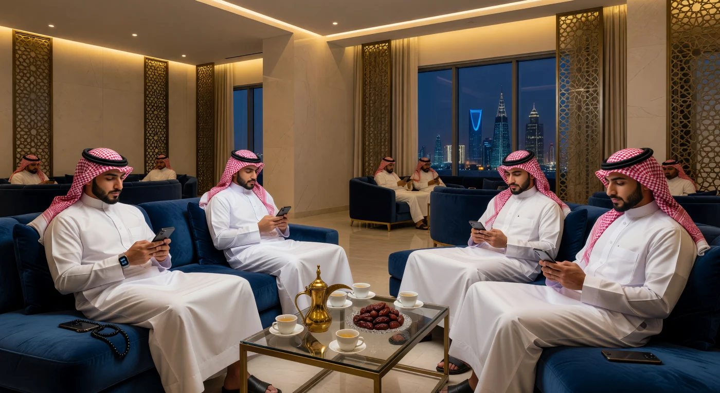 In einem luxuriösen Majlis in Riad sitzen junge saudi-arabische Männer in traditionellen weißen Thobes, deren Gesichter vom kühlen Blaulicht modernster Smartphones und Tablets erhellt werden. Vor der markanten Skyline des Kingdom Centre verschmelzen in diesem Raum jahrhundertealte Bräuche, wie das Reichen von Gahwa-Kaffee und Datteln, mit der digitalen Vernetzung einer hochgradig technisierten Gesellschaft. Diese Momentaufnahme illustriert den „Youth Bulge“ und den rasanten kulturellen Wandel am Golf zu Beginn des 21. Jahrhunderts, wo Hypermodernität und tief verwurzelte Traditionen im digitalen Zeitalter unmittelbar aufeinandertreffen.