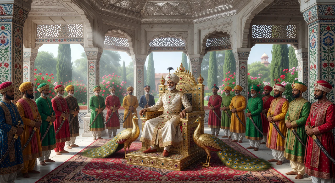 दिल्ली के लाल किले के दीवान-ए-खास में सम्राट औरंगजेब अपने भव्य मयूर सिंहासन पर विराजमान हैं, जो बेशकीमती रत्नों और सूक्ष्म नक्काशी से सुसज्जित है। सफेद संगमरमर के स्तंभों पर पच्चीकारी (पिएत्रा ड्यूरा) की कला और चांदी की छतें 17वीं शताब्दी की मुगल वास्तुकला के चरमोत्कर्ष को दर्शाती हैं। रेशमी वस्त्रों और तलवारों से सुसज्जित दरबारियों की उपस्थिति उस दौर के साम्राज्य की अपार शक्ति, कठोर अनुशासन और सांस्कृतिक वैभव का सजीव चित्रण करती है।