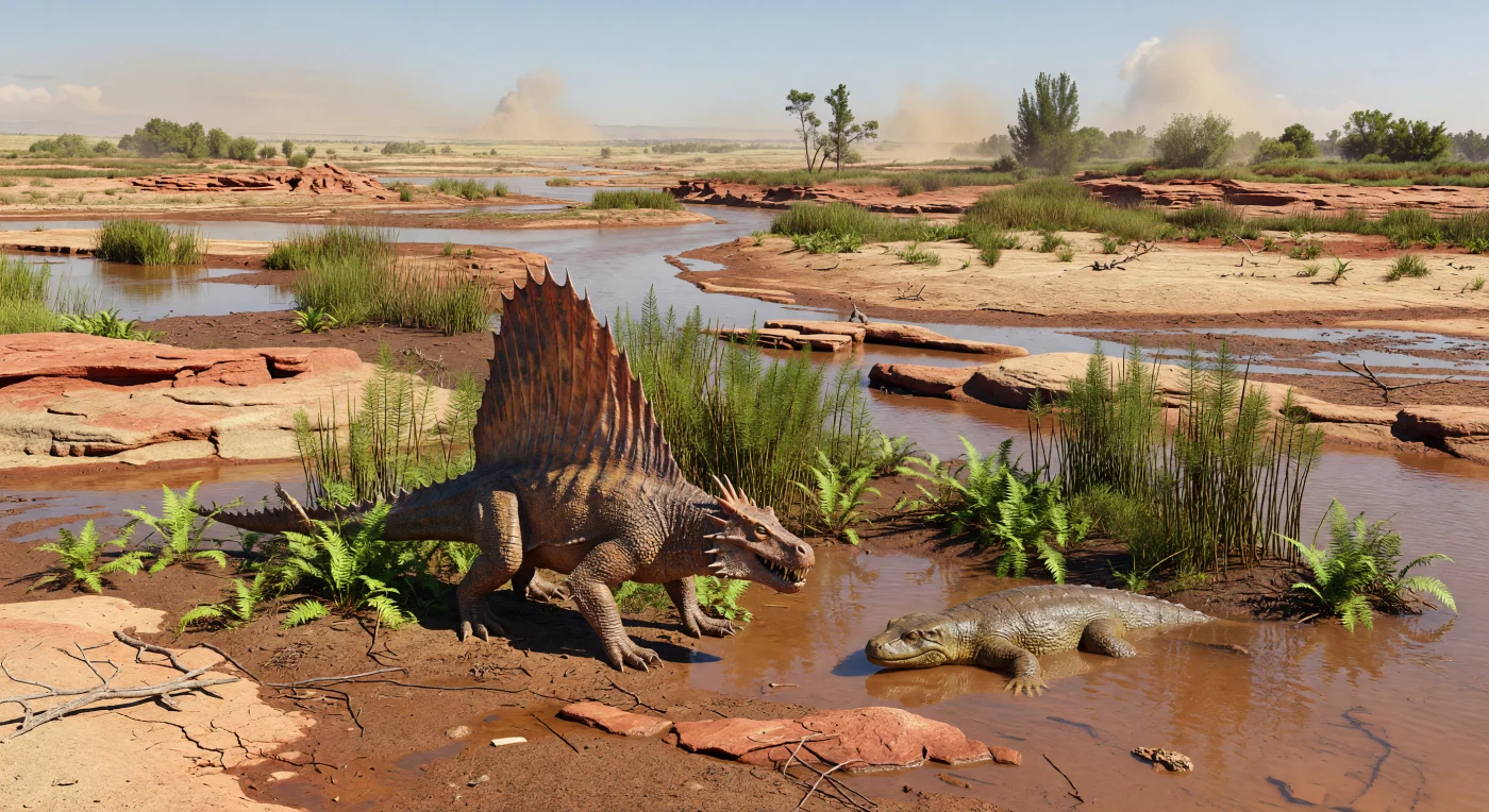 Su una pianura alluvionale di fanghi rossi del Permiano inferiore, circa 295–285 milioni di anni fa, un Dimetrodon lungo 3,5 metri avanza con cautela lungo il margine di un canale stagionale, mentre un Eryops di circa 2 metri resta in agguato mezzo sommerso tra equiseti e felci a seme. La scena mostra un bacino continentale di Pangea fatto di mudstone, siltiti e arenarie fluviali rossastre, depositate in un clima caldo e fortemente stagionale, con corsi d’acqua torbidi e vegetazione rada. Benché spesso scambiato per un dinosauro, Dimetrodon era uno sinapside primitivo, più vicino alla linea evolutiva dei mammiferi, mentre Eryops era un grande anfibio predatore: insieme evocano un mondo antico molto precedente ai dinosauri, già segnato da ecosistemi duri e instabili.