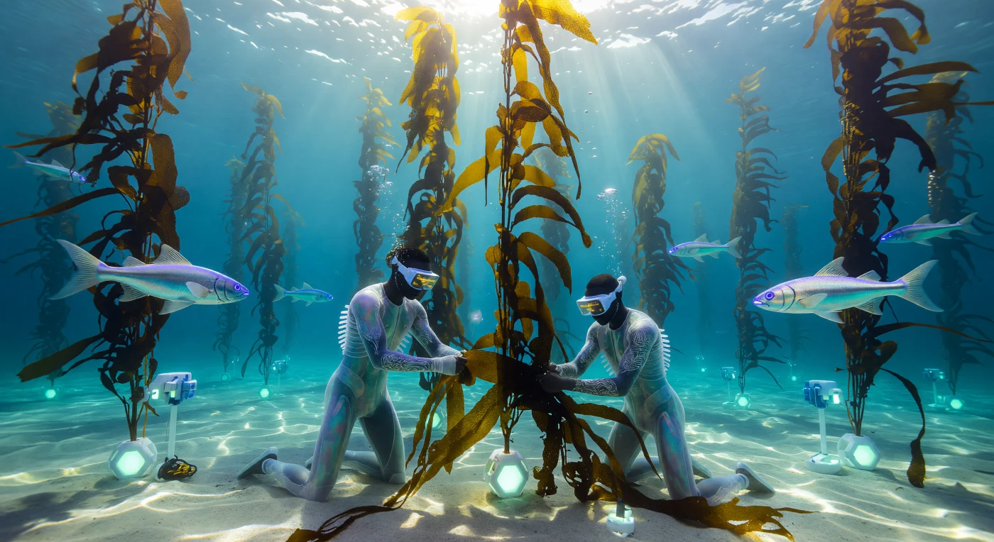 Al largo delle coste del Senegal, durante l'epoca del "Soglia" (2025-2050), i subacquei della casta dei "Gardiens" curano vaste foreste verticali di kelp ambrato (*Laminariales*), geneticamente modificate per ottimizzare il sequestro del carbonio. Protetti da tute in biopolimero che estraggono ossigeno direttamente dall'acqua, questi specialisti operano in simbiosi con "Sentinelle" robotiche biomimetiche incaricate di monitorare la salute chimica dell'Atlantico attraverso sensori a linea laterale. Questa infrastruttura sottomarina testimonia la transizione dell'Africa verso un'economia rigenerativa, dove la tecnologia più avanzata si fonde con il ripristino degli ecosistemi oceanici in una nuova era di equilibrio planetario.