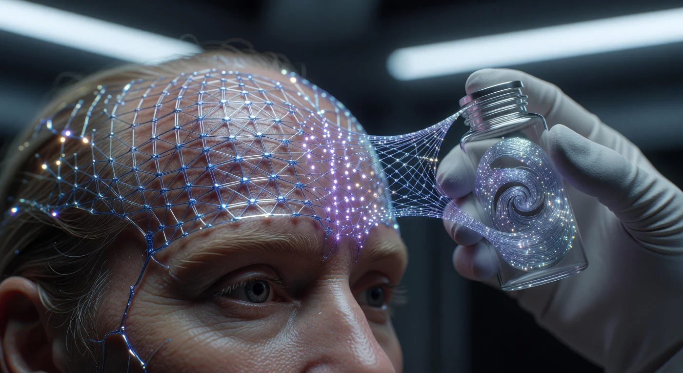 تُصور هذه اللقطة المجهرية عملية دمج "النول المشبكي" في صدغ إنسان من سلالة "مواليد سيريس" خلال عصر التوسع الشمسي (2500-3000 م)، حيث تظهر شبكة نانوية من الغاليوم السائل وهي تنسج نفسها داخل الجلد لتحقيق مزامنة عصبية فورية. نلاحظ التكيفات التطورية في البشرة الشفافة والبنية القحفية المتطاولة الناتجة عن الجاذبية المنخفضة للكويكب، بينما يحمل الفني في الخلفية وعاءً من "الحرير المشبكي" المتدفق مغناطيسياً. يجسد هذا المشهد اللحظة التاريخية التي اندمجت فيها البيولوجيا البشرية مع الأجهزة الكمومية السائلة، مما مكن حضارة القرن التاسع والعشرين من تجاوز الحدود العضوية التقليدية والارتقاء كنوع عابر للكواكب.