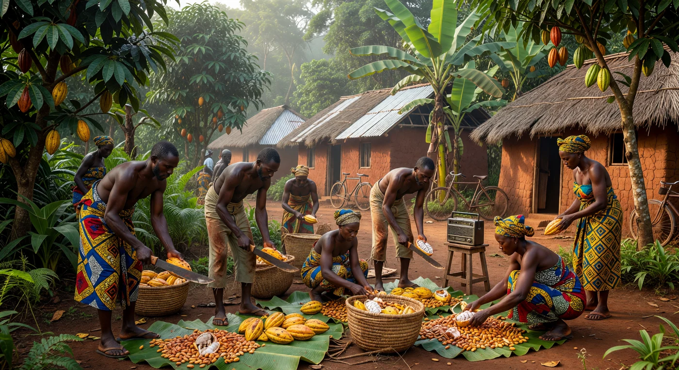 1965년경 독립 직후 가나의 아샨티 농장에서 농부들이 선명한 노란색 카카오 열매를 수확하여 바나나 잎 위에 펼쳐 말리는 활기찬 노동의 현장입니다. 화려한 안카라(Ankara) 의복을 입은 여성들과 마체테를 든 남성들의 모습은 당시 서아프리카의 강인한 생명력을 보여주며, 배경 속 전통 가옥에 새로 얹힌 양철 지붕과 트랜지스터 라디오는 근대화가 시작된 시대적 변화를 상징합니다. 이 장면은 가나의 경제적 자립을 이끈 카카오 산업의 중요성과 전통과 현대가 교차하던 20세기 중반의 사회상을 생생하게 담아내고 있습니다.
