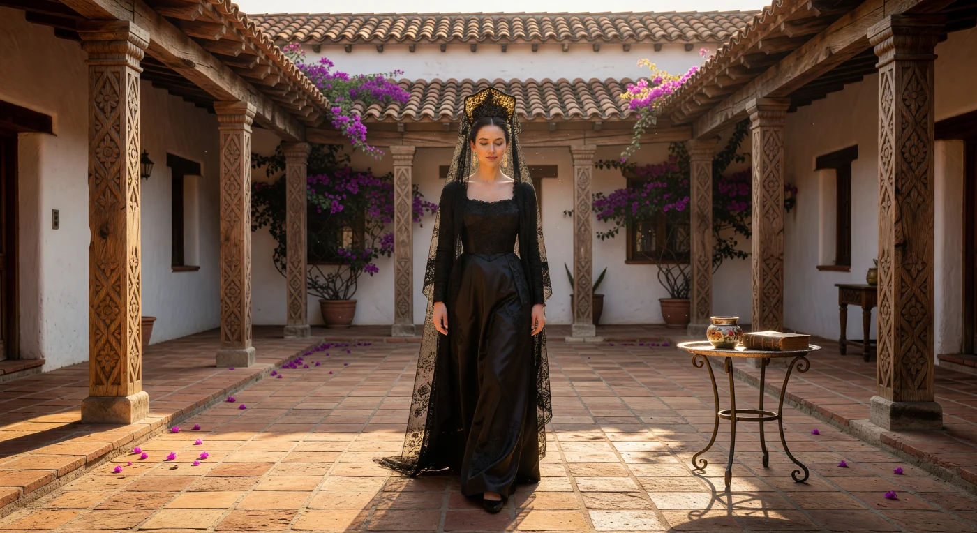 Una nobildonna creola avanza con dignità nel cortile soleggiato di una hacienda messicana del 1840, incorniciata da pilastri in cedro intagliato e vivaci cascate di bougainvillea. L'immagine cattura la ricercata estetica dell'aristocrazia terriera durante l'Età delle Rivoluzioni, evidenziata dalla raffinata mantiglia di pizzo nero e dalla *peineta* che ne denotano l'elevato status sociale all'interno del complesso sistema gerarchico delle "Casta". Questo spazio architettonico, caratterizzato da spessi muri in adobe e tetti in tegole d'argilla, riflette la fusione tra tradizioni spagnole e materiali locali che definì il paesaggio rurale e il potere economico del Messico dell'Ottocento.