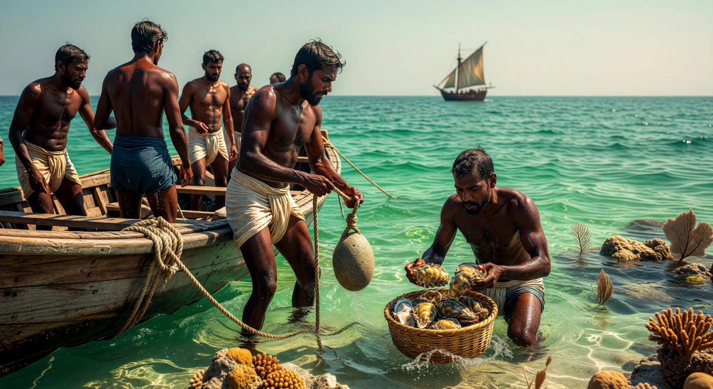 This depiction captures the arduous labor of Dravidian pearl divers in the Gulf of Mannar circa 1600, where specialized "skin divers" descended to the seabed using only granite sinking stones and their own physical endurance. Operating from traditional sewn-hull vessels lashed with coir fiber, these workers harvested *Pinctada fucata* oysters to supply a burgeoning global market for South Asian gems. The presence of a Portuguese caravel on the horizon highlights the colonial interests that sought to control this lucrative trade during the height of the Renaissance.