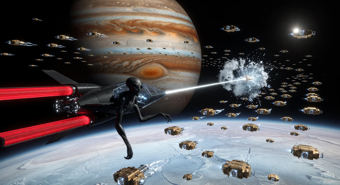 In der Ära der Interstellaren Dämmerung (ca. 3000–5000 n. Chr.) verteidigten die Preservationisten den Eismond Europa gegen expansionistische Bergbauschwärme, um die Integrität des ursprünglichen Sol-Systems zu bewahren. Ein Dreadnought der vakuum-adaptierten Litho-Sapienten fängt hier mittels hochenergetischer Sternenlaser modulare Drohnen ab, während seine kilometerlangen Radiatorrippen die enorme Abwärme als kirschrotes Glühen in das Vakuum ableiten. Vor der gewaltigen Kulisse des Jupiters verdeutlicht diese Szene die technologischen Extreme einer Zivilisation vom Typ Kardaschow 1,9, die an der Schwelle zur vollständigen stellaren Kontrolle steht.