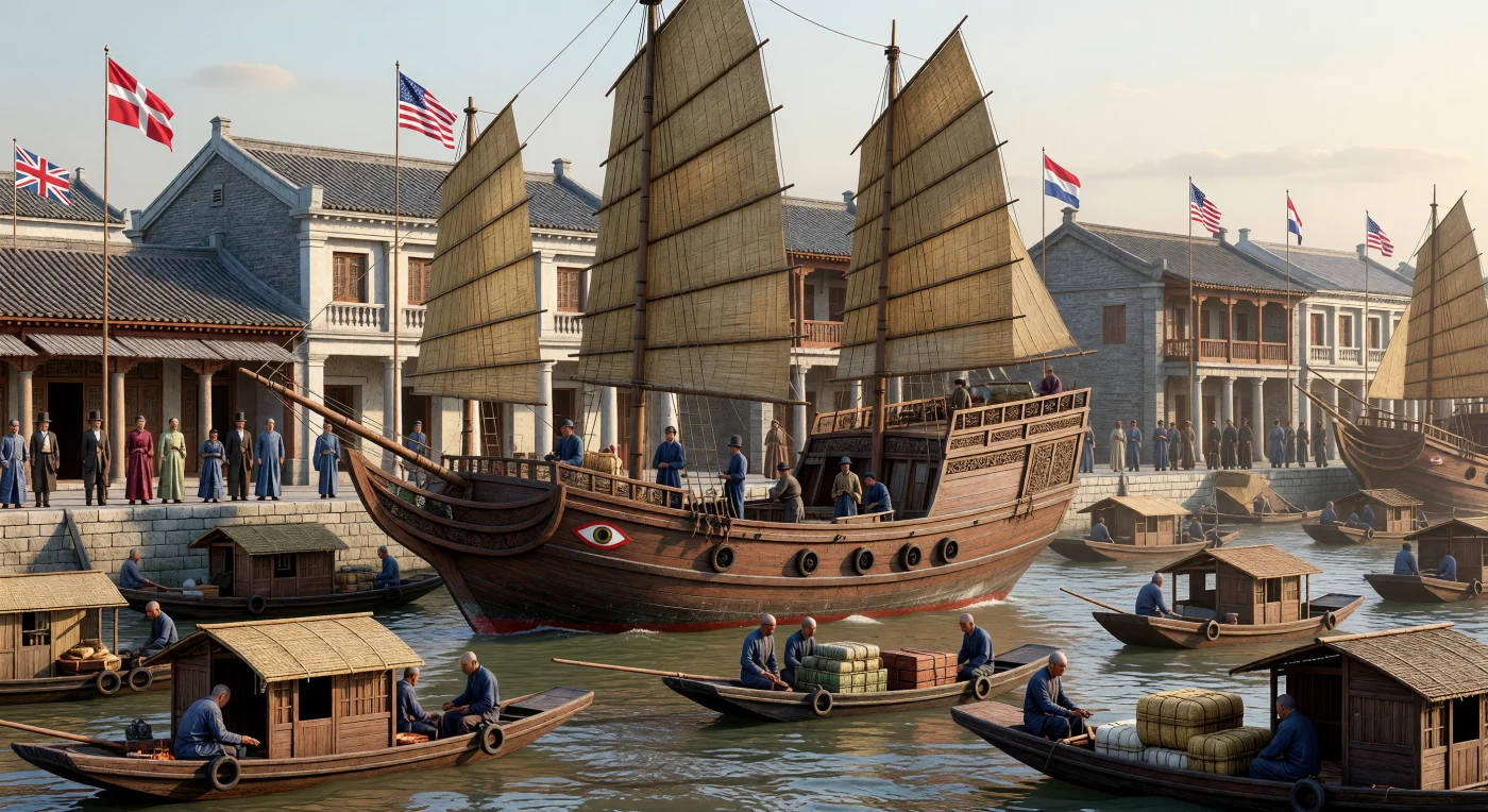 Eine gewaltige dreimastige hölzerne Dschunke mit charakteristischen Segeln aus Bambusmatten navigiert durch das dichte Gedränge kleiner Sampans auf dem Perlfluss vor Kanton um 1840. Im Hintergrund bilden die „Dreizehn Faktoreien“ mit ihren neoklassizistischen Fassaden eine einzigartige Kulisse, die den intensiven kulturellen und wirtschaftlichen Austausch zwischen dem Qing-Reich und westlichen Handelsmächten verdeutlicht. Diese lebendige Szenerie fängt den Höhepunkt des alten China-Handels ein, kurz bevor industrielle Dampfschiffe und geopolitische Umbrüche die maritime Welt Ostasiens grundlegend transformierten.