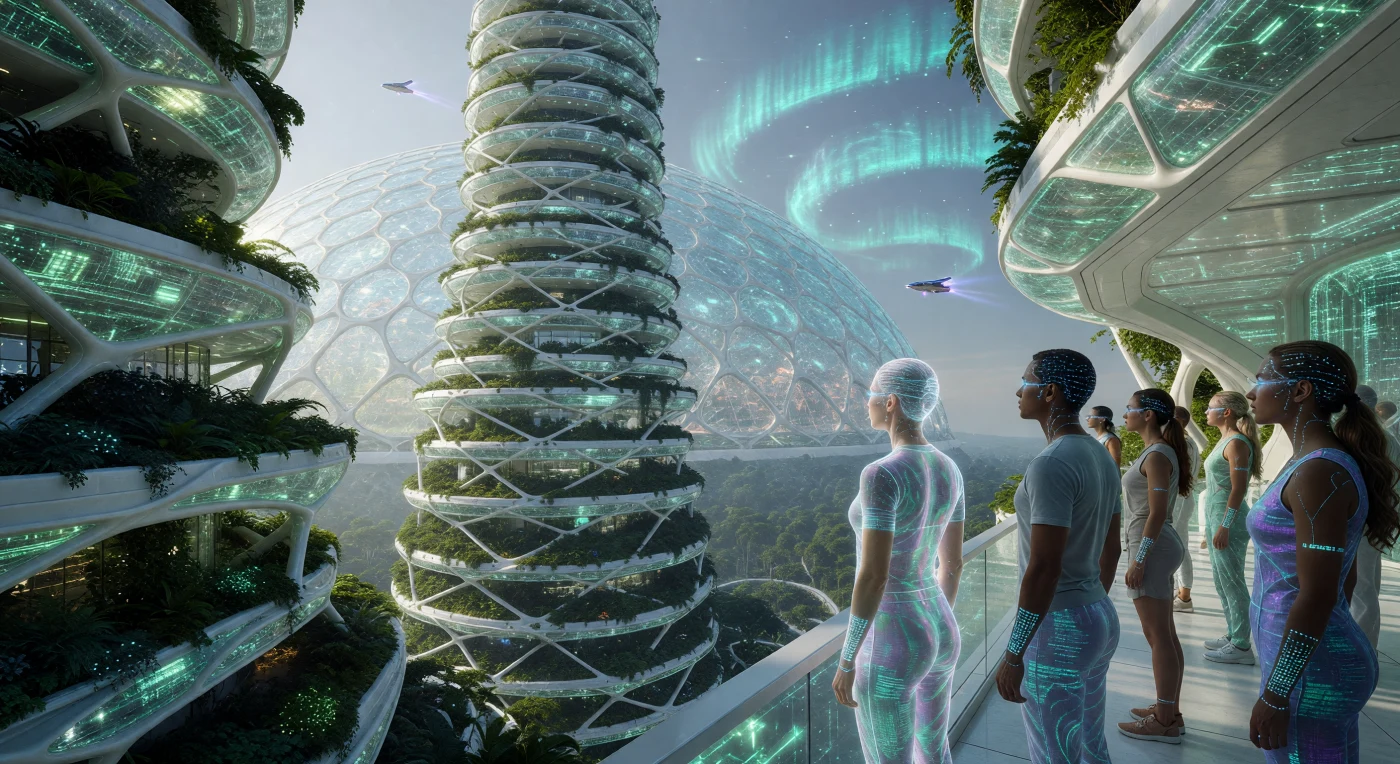 Deze reconstructie van een drie kilometer hoge Verticale Bos-Arcologie toont de technologische piek van de 24e eeuw, waar gigantische structuren van wit grafeen en fotosynthetisch glas de atmosfeer zuiveren onder een glinsterende weerdome. Tijdens de Grote Divergentie (ca. 2200–2500 n.Chr.) evolueerde de mensheid naar *Homo augmentus*, herkenbaar aan hun zilveren corticale netwerken, en leefden zij zij aan zij met de holografische projecties van *Homo digitalis*. Tussen de torens navigeren geruisloze ionen-skiffs door aura's van data, wat een tijdperk markeert waarin de grens tussen biologisch leven en planetaire manipulatie volledig is vervaagd.