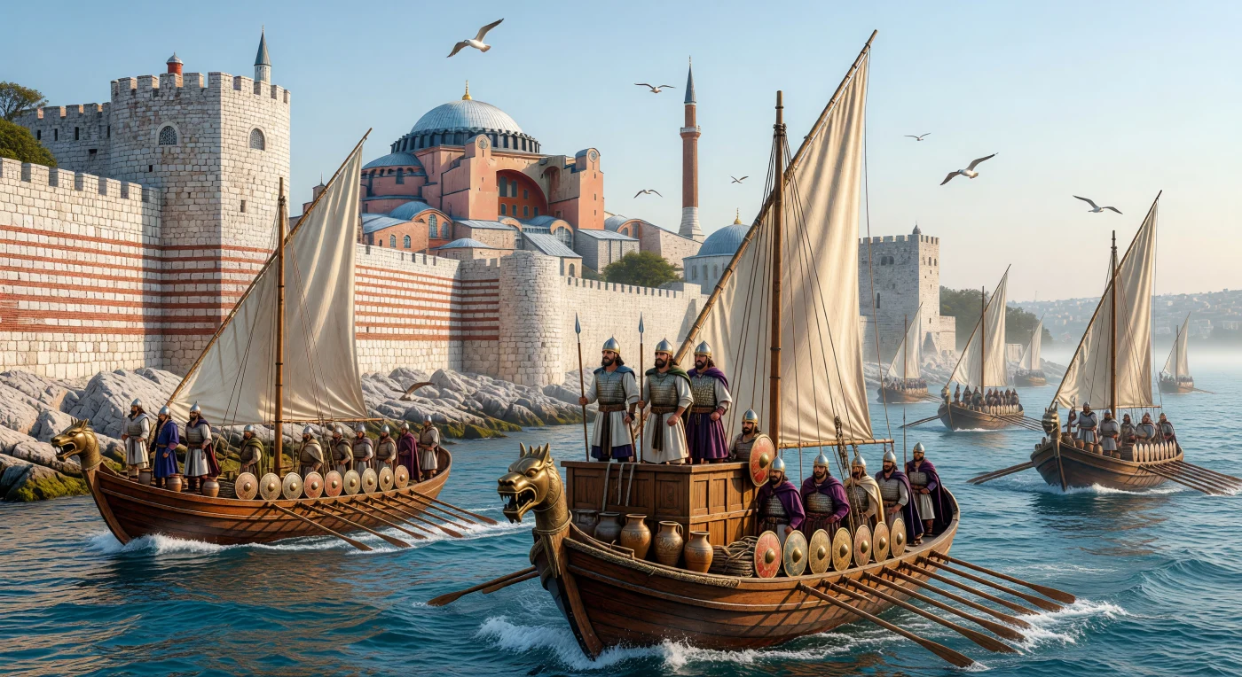 Una squadriglia di dromoni bizantini pattuglia le acque del Mar di Marmara, stagliandosi contro le imponenti mura teodosiane e la maestosa cupola di Santa Sofia, priva di minareti come appariva nell'VIII secolo. Queste agili biremi sono armate con sifoni di bronzo pronti a scagliare il "fuoco greco", una micidiale miscela incendiaria che garantì all'Impero Romano d'Oriente il dominio sui mari per secoli. L'immagine illustra la potenza tecnologica e architettonica di Costantinopoli, protetta da fortificazioni in calcare e mattoni che la resero il baluardo inespugnabile della cristianità durante l'Alto Medioevo.