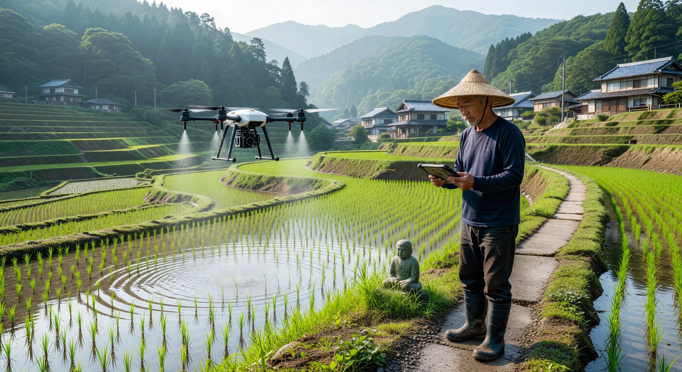 Um drone de fibra de carbono branco sobrevoa os vibrantes terraços de arroz "Tanada" no Japão rural, pulverizando fertilizante sob a supervisão de um agricultor idoso que monitora a operação através de um tablet moderno. Esta imagem captura a essência da Era Digital no Leste Asiático, onde a automação de alta tecnologia é implementada para sustentar práticas agrícolas milenares diante do rápido envelhecimento da população rural. O cenário, que une a tecnologia autônoma a elementos tradicionais como o chapéu *mugiwarabō* e pequenas estátuas de Jizō, simboliza a síntese única entre a inovação do século XXI e as raízes ancestrais da região.