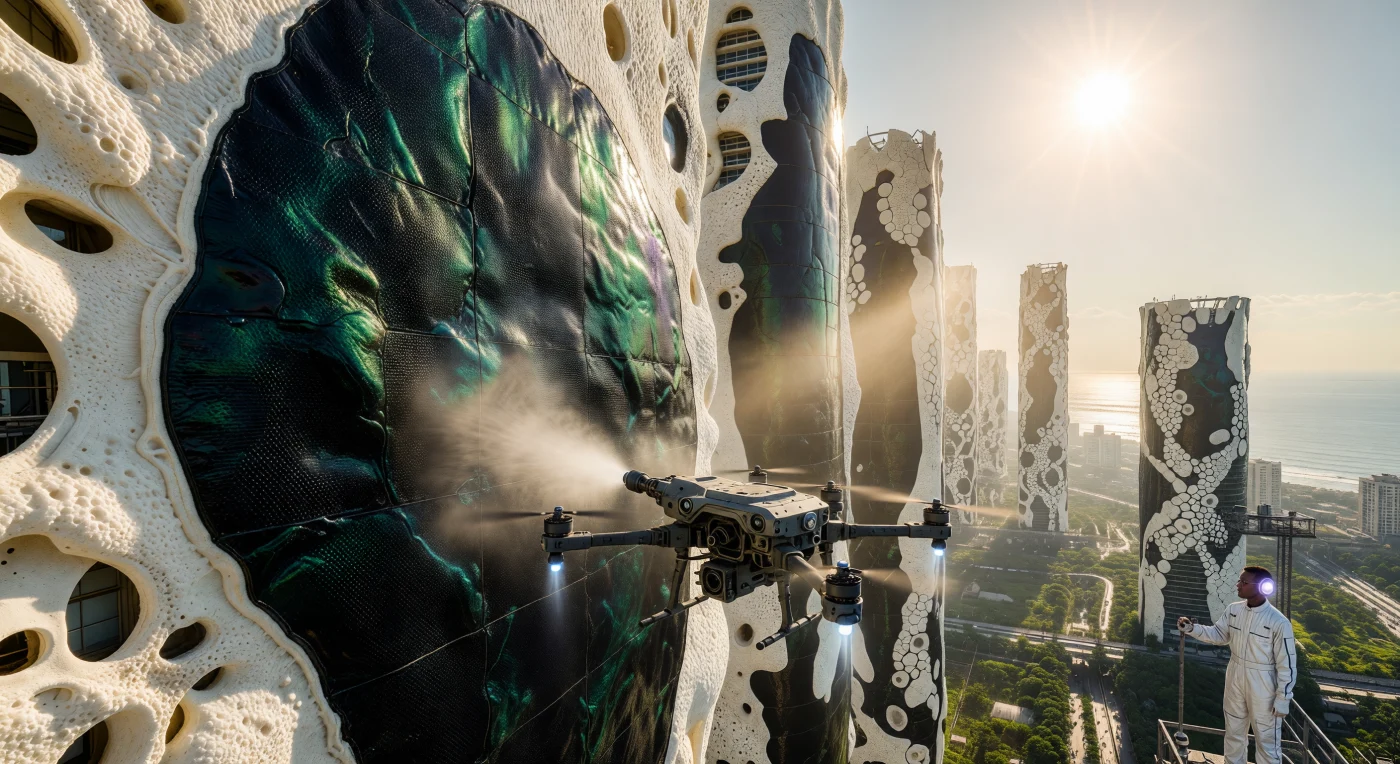 In het Lagos van circa 2065 brengen industriële drones een vloeibare 'Helios-4' fotovoltaïsche huid aan op de chitinous, myceliale structuur van een wolkenkrabber. Deze geavanceerde coating transformeert van een verstoven nevel in een glanzend, obsidiaan-achtig schild met een micro-hexagonale textuur die de intense equatoriale straling met uiterste precisie oogst. Tijdens de 'Augmented Dawn' (2050–2100) markeerde deze symbiose tussen synthetische biologie en hyper-efficiënte technologie de transitie van de mensheid naar een tijdperk waarin architectuur en ecosysteem onlosmakelijk met elkaar versmolten.