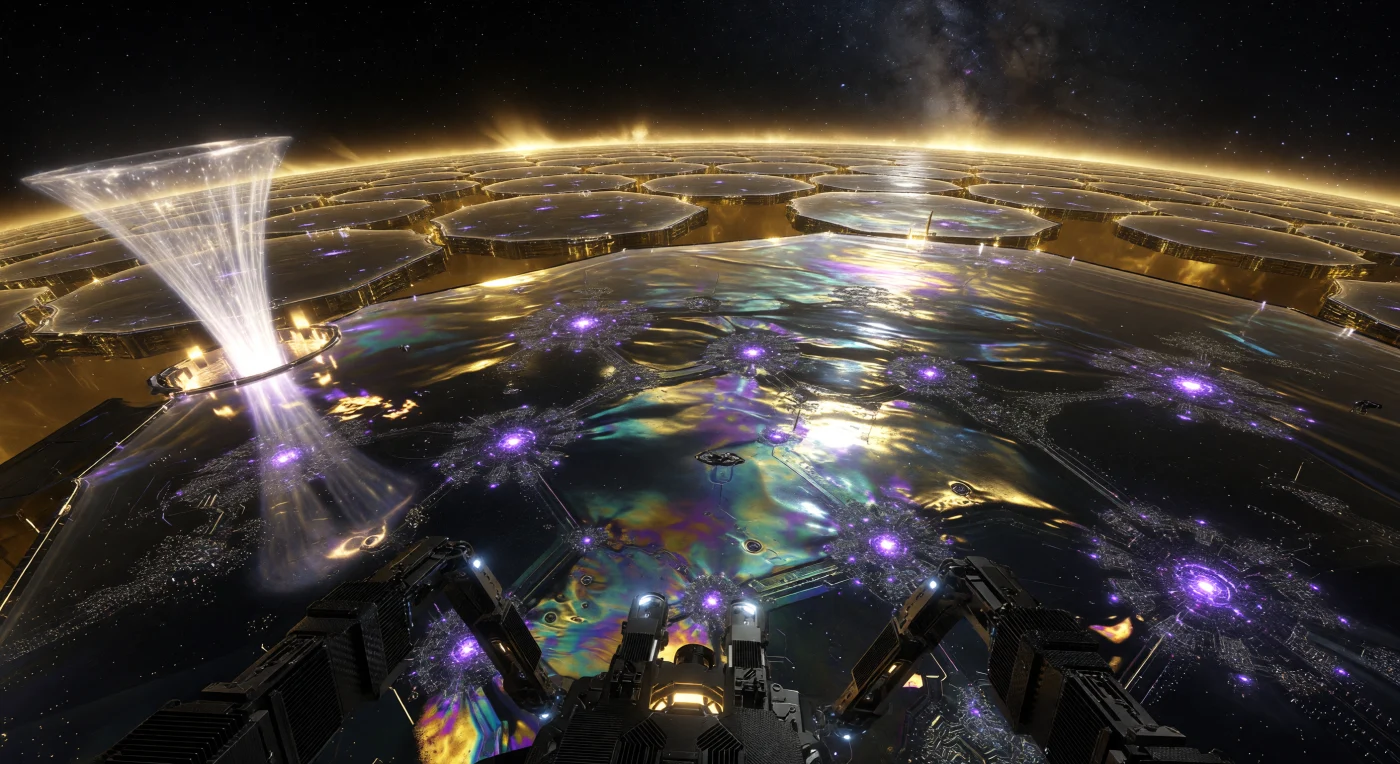 Vue depuis un drone de récolte du Collectif Pan-Sol vers 142 000 de notre ère, cette perspective illustre les nœuds hexagonaux de la Ceinture d'Aethel, une mégastructure de type essaim de Dyson capturant l'intégralité de l'énergie solaire. Ces plaques de cent kilomètres, composées d'acier-verre chalcogénure iridescent, transforment le plasma siphonné de la couronne en une puissance de calcul monumentale, signalée par des pulsations violettes de flux de neutrinos. À ce stade de l'ère de l'Horizon, l'ingénierie des femtostructures permet à cette intelligence post-biologique de convertir le système solaire en un immense cerveau stellaire, marquant l'apogée de la maîtrise technologique sur les lois fondamentales de la physique.