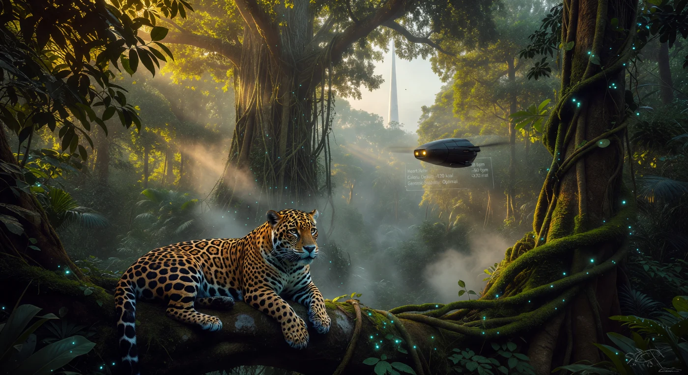 Nesta cena capturada no Escudo Amazônico em 2048, um jaguar (*Panthera onca*) repousa sob a vigilância silenciosa de um Drone Guardião, exemplificando a custódia tecnológica do período conhecido como "O Limiar" (2025–2050). Através de propulsão iônica e sensores de malha térmica, a inteligência artificial monitora a estabilidade genômica do felino em uma "Zona Sem Humanos" saturada por marcadores bioluminescentes e névoa rica em oxigênio. Ao fundo, torres de Captura Direta de Ar (DAC) elevam-se acima do dossel da Ceiba, revelando um ecossistema onde a sobrevivência das espécies tropicais depende de uma simbiose absoluta entre a biologia ancestral e a governança algorítmica global.