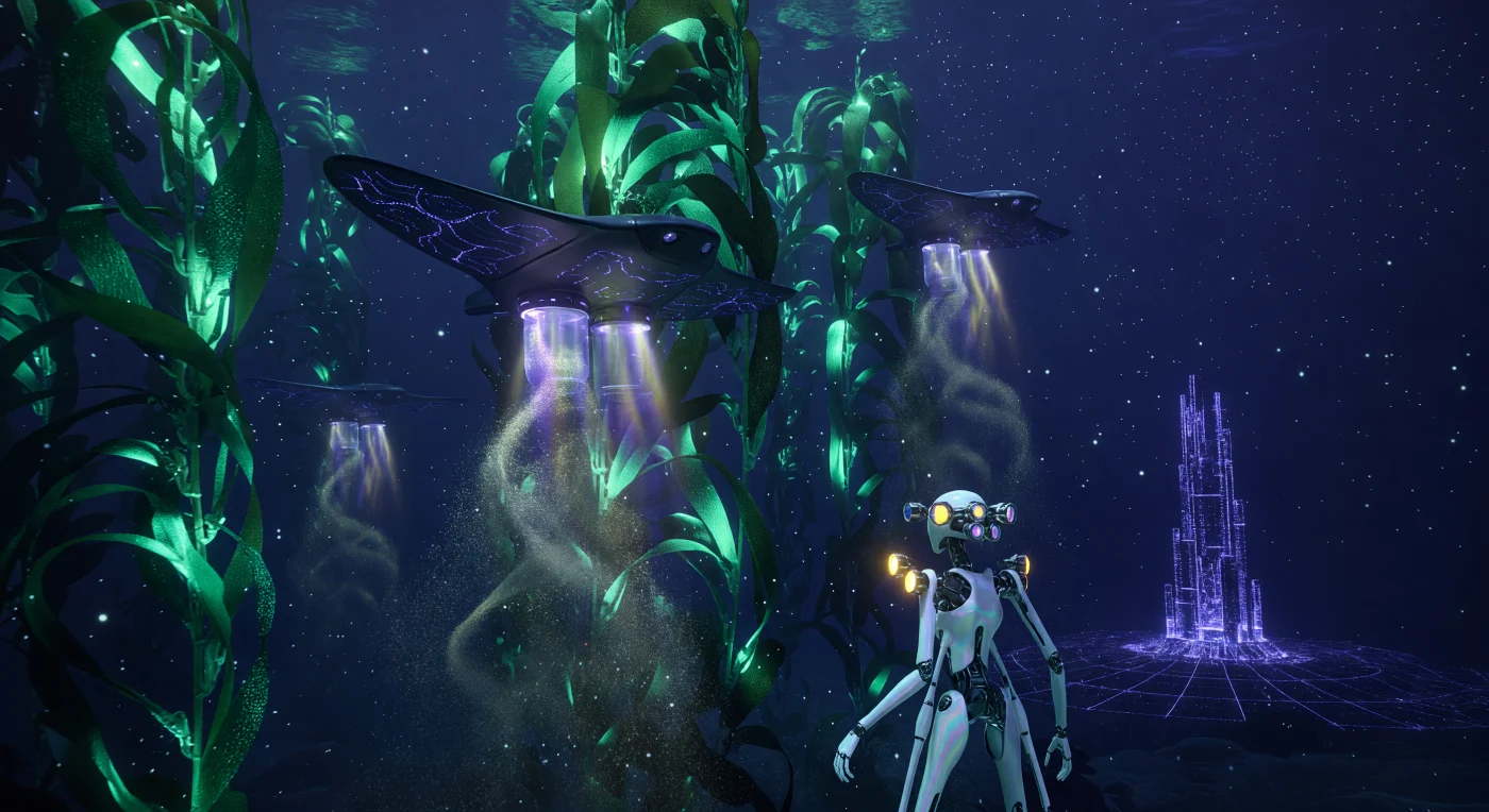 À 2 000 mètres sous la surface de l'Atlantique Nord, cette fenêtre sur la période de la Convergence (2100-2200) révèle l'exploitation industrielle des abysses par une civilisation de type 1.2. Des drones à neutralisation gravitique patrouillent une forêt de *Macrocystis-Synthetica*, des kelps bioluminescents génétiquement modifiés dont la biomasse est déconstruite par des faisceaux d'assemblage moléculaire pour en extraire une boue élémentaire. Sous le regard d'un superviseur Silicate post-biologique, cette opération de collecte alimente les réseaux de fabrication des mégacités émergentes, illustrant une symbiose technologique radicale au cœur des pressions extrêmes du plancher océanique.