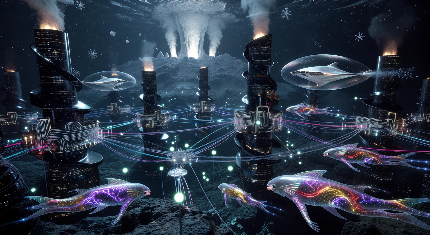 Au cœur de l'abysse de l'exoplanète K2-18b, cette vue illustre une cité hydrothermale de l'Âge Galactique (v. 5000–20 000 de notre ère), où des drones-manta en supercavitation transportent des modules silicatés entre d'imposantes métropoles d'obsidienne. On y observe les Pellucides, des entités post-biologiques fusiformes dont les réseaux neuronaux en graphène et la peau bioluminescente permettent une communication visuelle complexe au sein du Collectif. Ce paysage témoigne d'une ère où la vie a transcendé ses limites organiques pour coloniser les profondeurs extrêmes des mondes océaniques grâce à une architecture avancée de nanotubes de carbone et de réseaux microfluidiques.