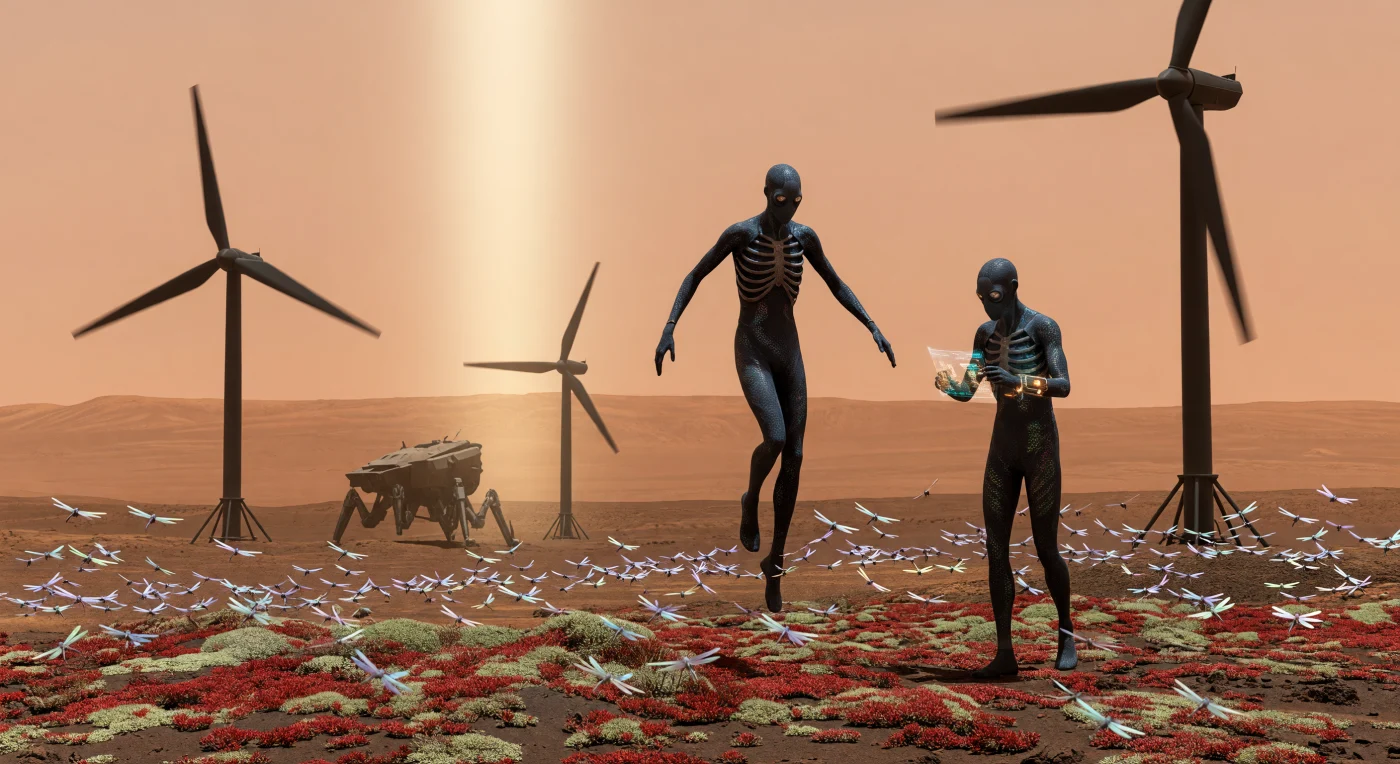 En la meseta de Tharsis, durante la Era de la Gran Divergencia (2200–2500), técnicos de la especie *Homo adaptus* supervisan la polinización de extensos mantos de liquen ferroso mediante enjambres de microdrones biomiméticos. Estas figuras de casi tres metros, adaptadas biológicamente a la gravedad de 0.38g, operan bajo la luz dorada proyectada por el conjunto de espejos orbitales Sol-Halo que calienta la gélida superficie marciana. El paisaje revela una simbiosis tecnológica donde turbinas de viento de eje vertical flanquean a estos humanos de tórax ensanchado, quienes cultivan la vida sobre el antiguo regolito basáltico en una atmósfera de 210 milibares en plena transformación.