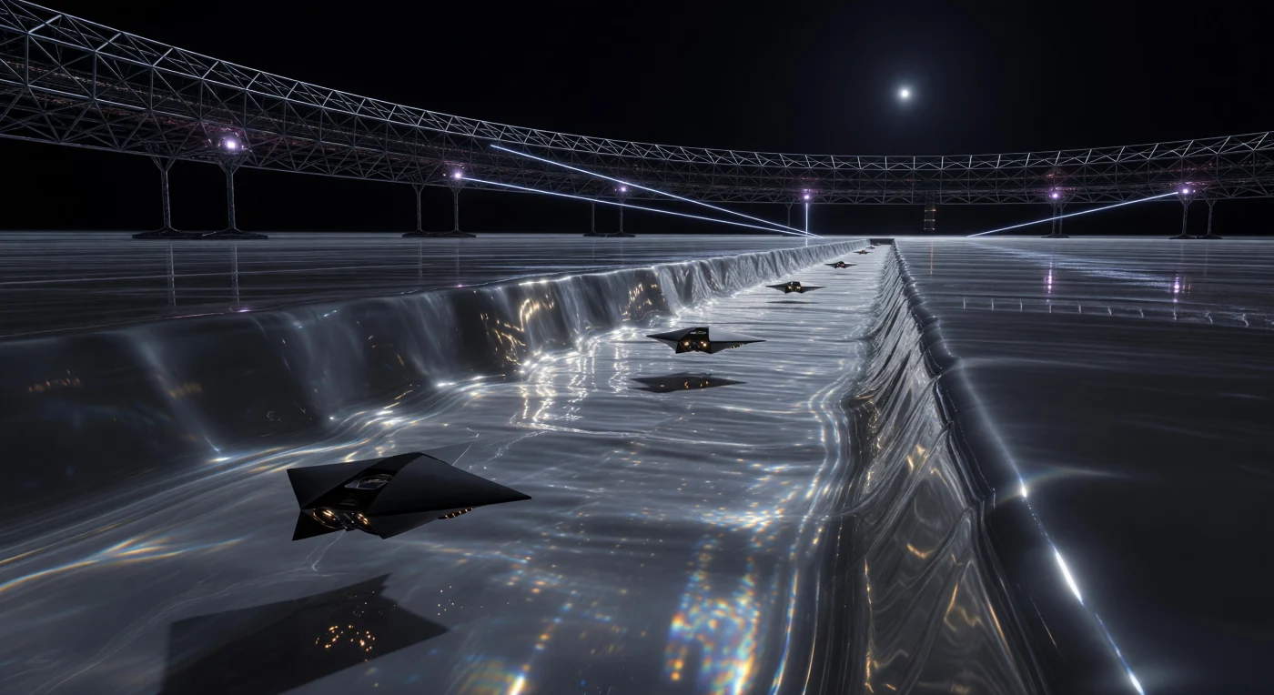 À l'apogée de l'ère de l'Horizon (v. 100 000 – 1 000 000 apr. J.-C.), des drones de Vantablack, avatars physiques d'Êtres Indépendants du Substrat (SIB), supervisent un flux d'hélium-3 superfluide au sein d'une tranchée monumentale sur la face sombre d'un anneau de Dyson. Ce miroir liquide à viscosité nulle, défiant la gravité par effet Rollin, assure le refroidissement cryogénique indispensable aux processeurs de computronium qui abritent les consciences lithiques de la région du Silence. Dans ce paysage de perfection mathématique dépourvu d'atmosphère, la faible lueur violette de la radiation de Cerenkov souligne la transition ultime de la vie vers une existence post-biologique régie par l'entropie minimale et une efficacité énergétique absolue.