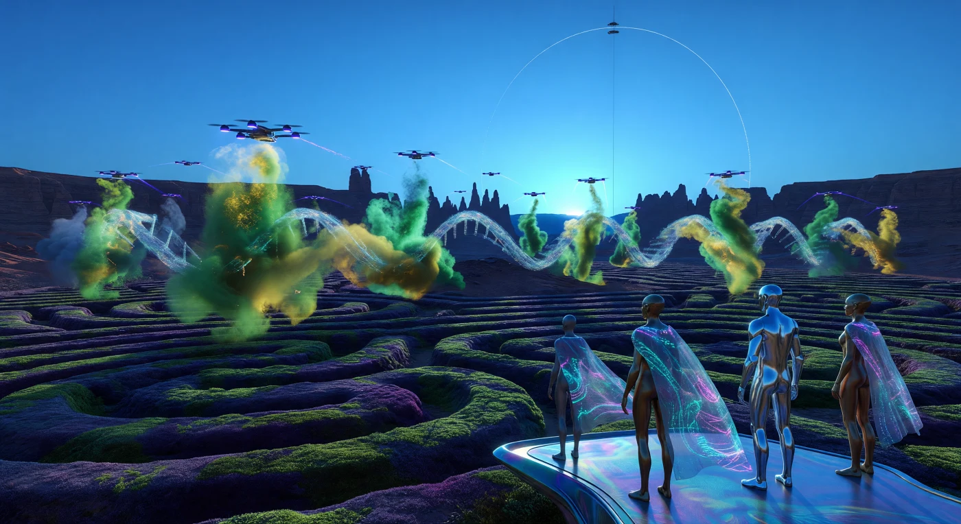 Tijdens de Mars-transformatie tussen 2500 en 3000 n.Chr. aanschouwen we een spectaculair staaltje atmosferische kunst boven de Labyrinthus Noctis, waar drones lichtgevende algen en waterdamp tot een gigantische DNA-helix vormen tegen een elektrische blauwe schemering. Op de voorgrond staan de *Homo Martians*, een menselijke ondersoort die door genetische optimalisatie en de lage zwaartekracht een lengte van 2,5 meter heeft bereikt, geflankeerd door een glanzende Noosphere-Walker Proxy. Dit weelderige ecosysteem, gevoed door een kunstmatig magnetisch schild en dichte vegetatie van paarsgroene mossen, markeert het tijdperk waarin de eens zo dorre Rode Planeet de vitale 'longen' van het binnenste zonnestelsel werd.