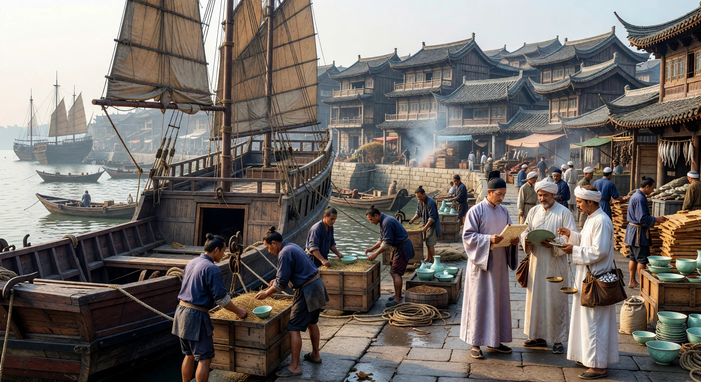 Im 13. Jahrhundert pulsiert das Leben im Hafen von Quanzhou, wo Hafenarbeiter unter der Morgensonne Fujians jadegrünes Seladon-Porzellan aus einer massiven hölzernen Dschunke entladen. Während arabische Händler in feinen Leinentuniken mit chinesischen Beamten über die wertvolle Fracht verhandeln, wird die Bedeutung der maritimen Seidenstraße als globaler Handelsknotenpunkt lebendig. Die Szenerie verdeutlicht die technologische Raffinesse der Song-Dynastie, deren hochseetaugliche Schiffe mit wasserdichten Kammern den Austausch von Luxusgütern und Kulturen über Ozeane hinweg ermöglichten.